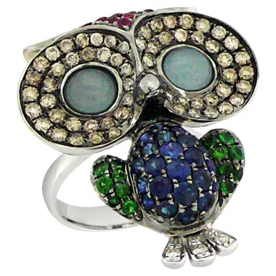 Pre-owned Unbranded Owl Bird Aquamarine Diamond Ruby Garnet & Sapphire 18k White Gold Ring