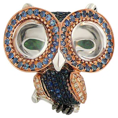 Pre-owned Unbranded Owl Bird Blue Sapphire Diamond Crystal & Garnet 18k Rose Gold Ring In Red