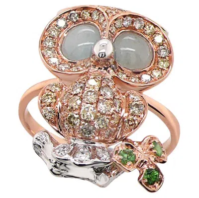 Pre-owned Unbranded Owl Bird Fancy Diamond Aquamarine Garnet & White Diamond 18k Rose Gold Ring