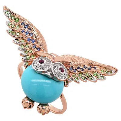 Pre-owned Unbranded Owl Bird Turquoise Diamond Sapphire Garnet & Ruby 18k Rose Gold Ring In Red