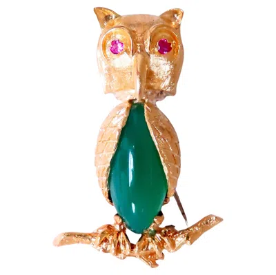 Pre-owned Unbranded Owl Jade Ruby Figurine 3d Brooch Pin 18kt Gold 12554 In Green