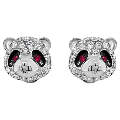 Pre-owned Unbranded Panda Bear Diamond & Ruby 18k White Gold Animal Earrings