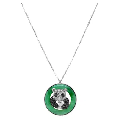 Pre-owned Unbranded Panda Bear Jade Black & White Diamond 18k White Gold Pendant Necklace