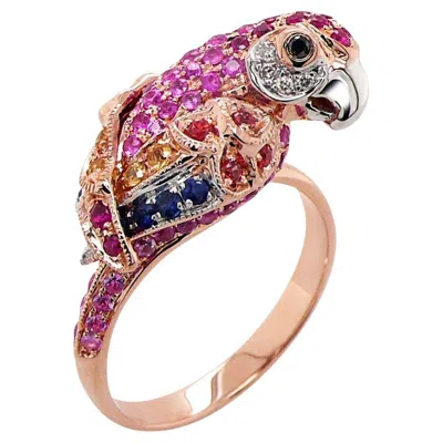 Pre-owned Unbranded Parrot Bird Pink Sapphire Ruby Diamond & Multi-sapphire 18k Rose Gold Ring In Red