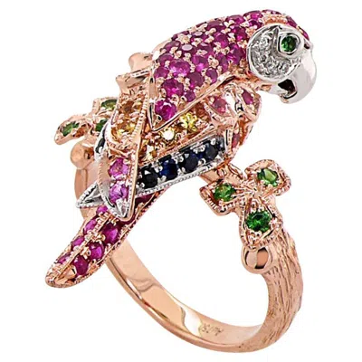 Pre-owned Unbranded Parrot Ruby Pink Sapphire Diamond & Multi-sapphire Garnet 18k Rose Gold Ring In Red
