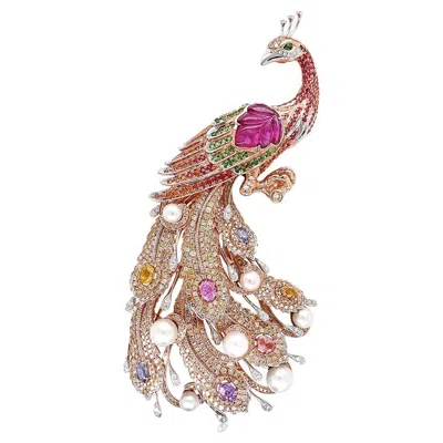 Pre-owned Unbranded Peacock Bird Multi-colour Sapphire Fancy Diamond Pearl 18k Rose Gold Pin Brooch In Red