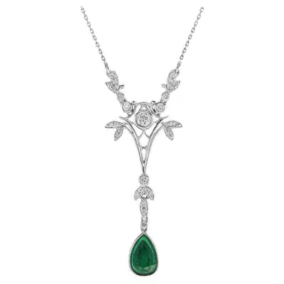 Pre-owned Unbranded Pear Shaped Natural Emerald & Diamond Drop Vintage Style Gold Pendant Necklace In Green