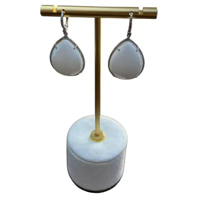 Pre-owned Unbranded Pear Teardrop Shape White Cloud Agate 14k White Gold Drop Diamonds Halo Earrings