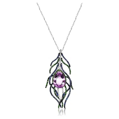 Pre-owned Unbranded Pink Kunzite Blue Sapphire Green Garnet & Diamond White Gold Pendant Necklace