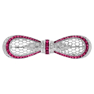 Pre-owned Unbranded Pink Red Ruby & Diamond Antique Style Bow 18k White Gold Pin Brooch