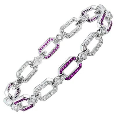 Pre-owned Unbranded Pink Red Ruby & Diamond Art Deco Style Inspired Link 18k White Gold Bracelet