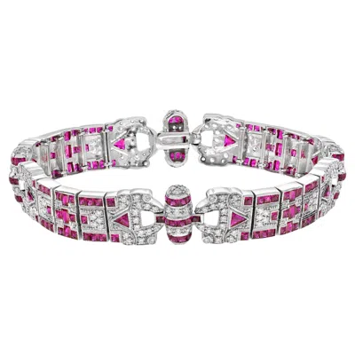 Pre-owned Unbranded Pink Ruby & Diamond Vintage Style Antique Inspired Unique White Gold Bracelet
