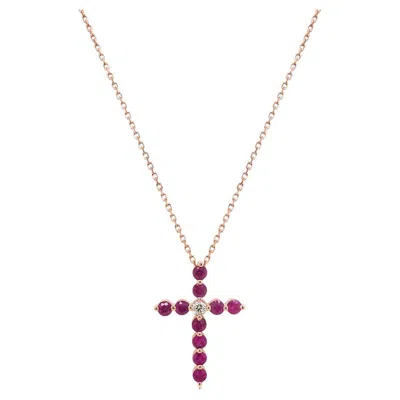 Pre-owned Unbranded Pink Sapphire & Fancy Diamond 18k Rose Gold Cross Pendant Necklace In Red
