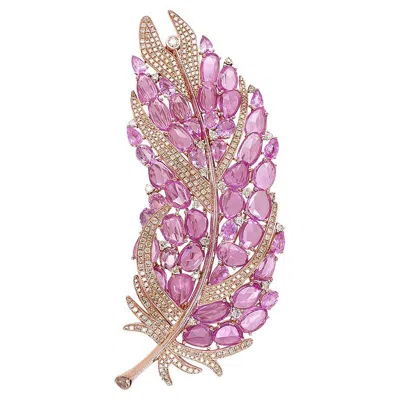 Pre-owned Unbranded Pink Sapphire & Fancy Diamond 18k Rose Gold Feather Bird Pin Brooch In Red