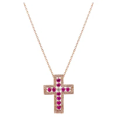 Pre-owned Unbranded Pink Sapphire & Fancy Diamond Halo 18k Rose Gold Cross Design Pendant Necklace In Red