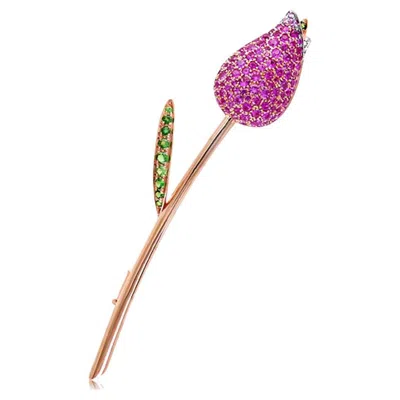 Pre-owned Unbranded Pink Sapphire Green Garnet & Diamond Floral Flower 18k Rose Gold Brooch In Red