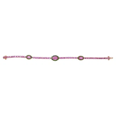 Pre-owned Unbranded Pink Sapphire Green Garnet & White Pearl 18k Gold Tennis Line Bracelet