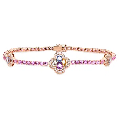 Pre-owned Unbranded Pink Sapphire Multi-color Sapphire & Diamond 18k Gold Four Leaf Clover Bracelet