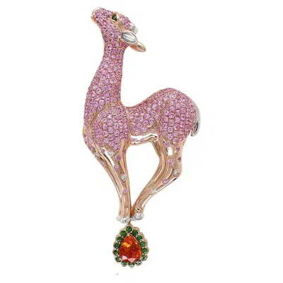 Pre-owned Unbranded Pink Sapphire Pave & Antelope Deer 18k Rose Gold Statement Animal Pin Brooch In Red