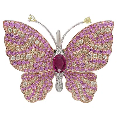 Pre-owned Unbranded Pink Sapphire Pave & Diamonds Butterfly Rose Gold Statement Animal Pin Brooch In Red