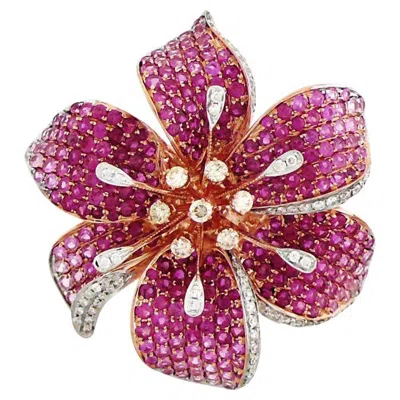 Pre-owned Unbranded Pink Sapphire Ruby & Diamond Lilly Flower 18k Rose Gold Ring In Red