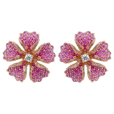 Pre-owned Unbranded Pink Sapphire Ruby & Fancy Diamond 18k Rose Gold Floral Design Earrings In Red