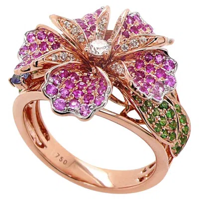 Pre-owned Unbranded Pink Sapphire Ruby & Multi-gemstone Lilly Flower 18k Rose Gold Ring In Red