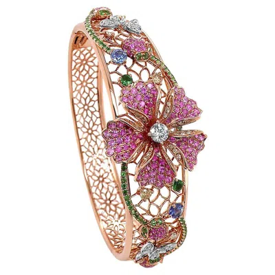 Pre-owned Unbranded Pink Sapphire Ruby & White Diamond Floral Butterfly Rose Gold Bangle Bracelet