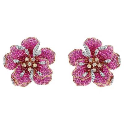 Pre-owned Unbranded Pink Sapphire Ruby Fancy & White Diamond Lilly Flower 18k Rose Gold Earrings
