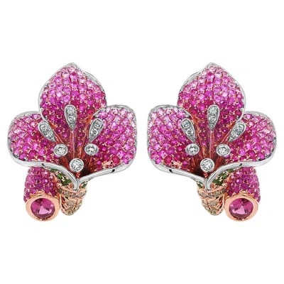 Pre-owned Unbranded Pink Sapphire Ruby Multi-gemstone Lilly Flower 18k Rose Gold Earrings In Red