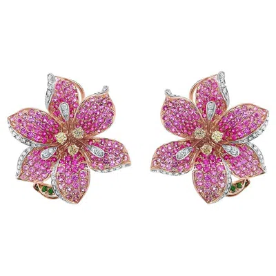 Pre-owned Unbranded Pink Sapphire Ruby White & Fancy Diamond Lilly Flower 18k Rose Gold Earrings