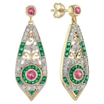 Pre-owned Unbranded Pink Tourmaline Emerald Diamond Art Deco Style Drop 14k Gold Earrings