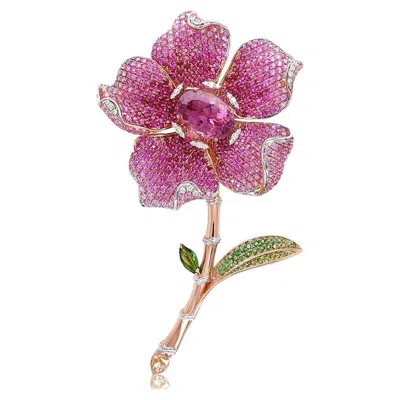 Pre-owned Unbranded Pink Tourmaline Ruby Pink Sapphire & Multi Gem Floral Rose Gold Pin Brooch In Red