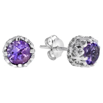 Pre-owned Unbranded Purple Violet Round Shape Brilliant Amethyst & Diamond Solitaire Stud Earrings