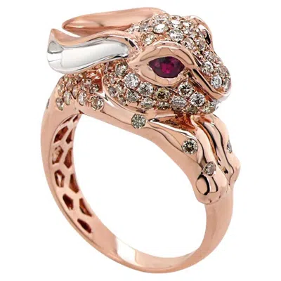 Pre-owned Unbranded Rabbit Bunny Fancy Diamond Ruby 18k Rose Gold Ethnic Style Animal Ring In Red