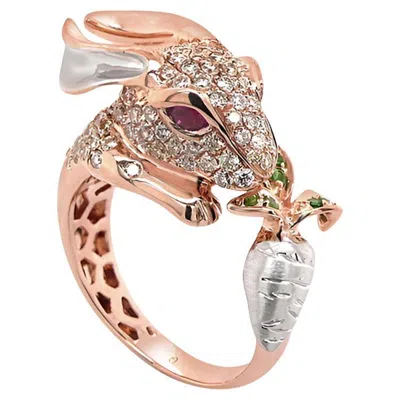 Pre-owned Unbranded Rabbit Bunny Fancy Diamond Ruby & Garnet 18k Rose Gold Ring In Red