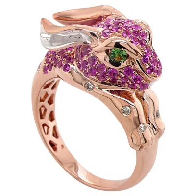 Pre-owned Unbranded Rabbit Bunny Pink Sapphire Fancy Diamond & Garnet 18k Rose Gold Rabbit Face Ring In Red