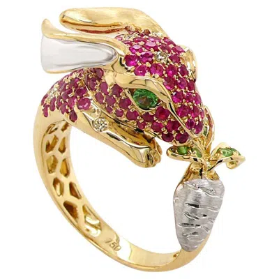 Pre-owned Unbranded Rabbit Bunny Ruby Fancy Diamond & Garnet 18k Yellow Gold Animal Ring