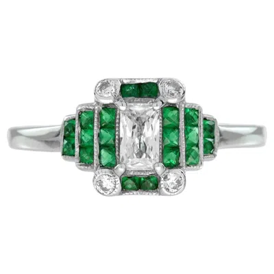 Pre-owned Unbranded Radiant Shape Diamond & Green Emerald Step Art Deco Style 14k White Gold Ring