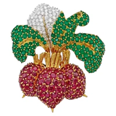 Pre-owned Unbranded Radish & Turnip Symbol Red Burmese Ruby & Emerald & Diamond Vintage Brooch