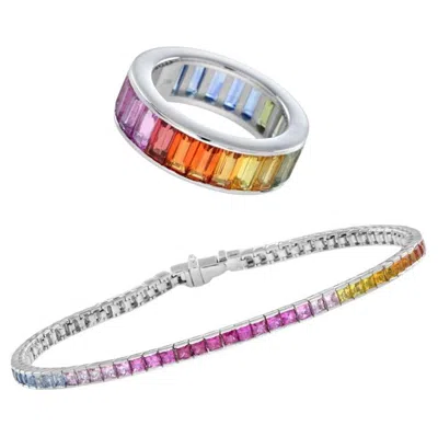 Pre-owned Unbranded Rainbow Color Sapphires 18k White Gold Eternity Band Ring & Tennis Bracelet Set