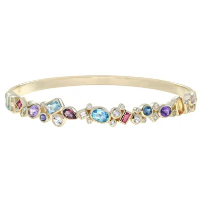 Pre-owned Unbranded Rainbow Colorful Multi Gemstones Cuff 14k Yellow Gold Bangle Bracelet