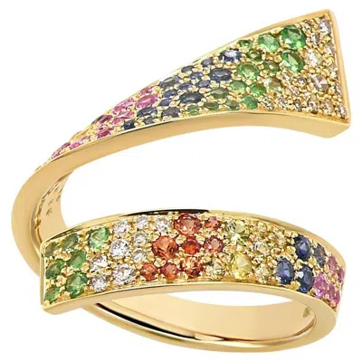 Pre-owned Unbranded Rainbow Multi-color Sapphire Pave Set 18k Yellow Gold Bypass Ring
