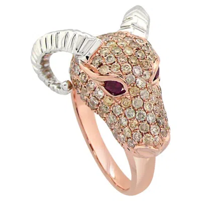 Pre-owned Unbranded Ram Aries Animal Fancy Diamond Ruby 18k Rose & White Gold Ring