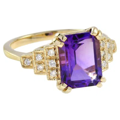 Pre-owned Unbranded Rectangle Emerald Cut Purple Violet Amethyst & Diamond Step 14k Yellow Gold Ring