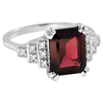 Pre-owned Unbranded Rectangle Emerald Cut Red Rhodolite & Diamond Step Shoulder 14k White Gold Ring