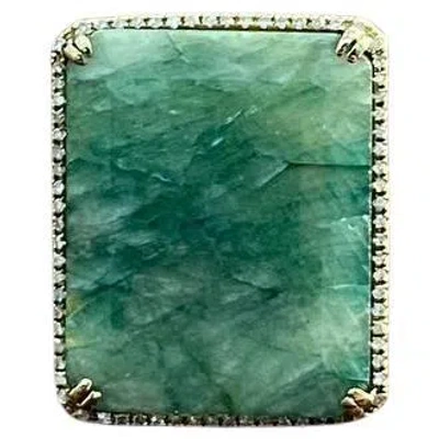 Pre-owned Unbranded Rectangle Faceted Emerald Shape Green Sapphire Cabochon 14k Gold Diamond Ring
