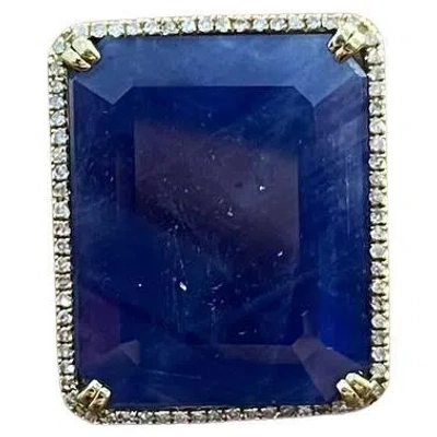 Pre-owned Unbranded Rectangular Shape Blue Sapphire Faceted Cabochon Slice 14kgold Diamond Halo Ring
