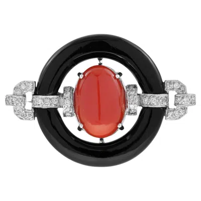 Pre-owned Unbranded Red Maroon Coral Black Onyx Diamond Art Deco Style 14k White Gold Brooch Pin