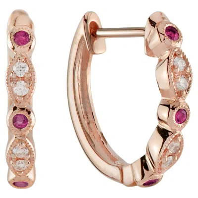 Pre-owned Unbranded Red Pink Ruby & Diamond Vintage Style 18k Rose Gold Huggie Earrings